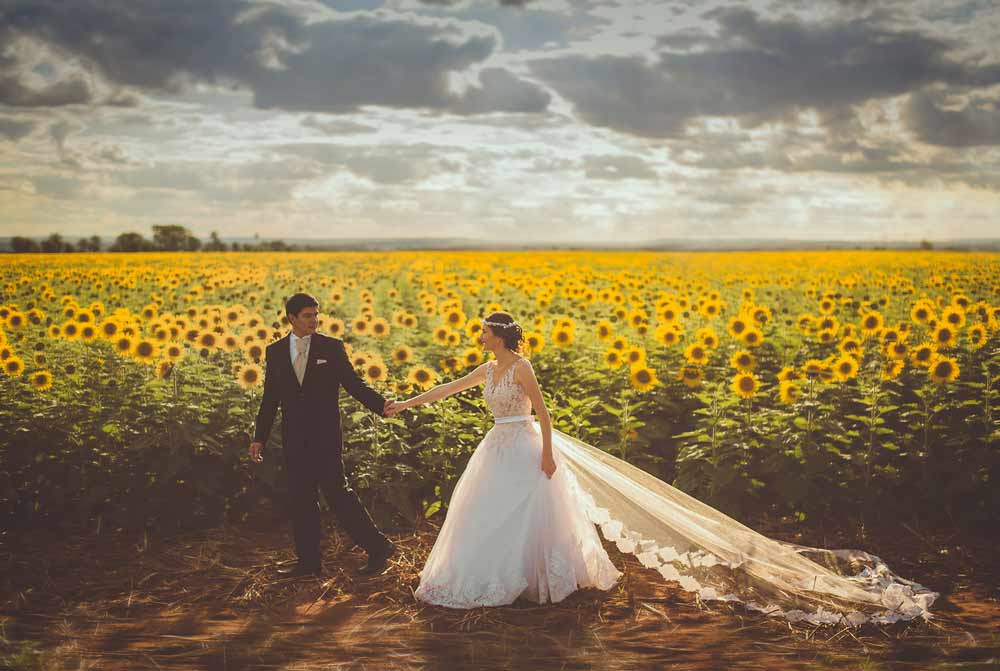 Una coppia appena sposata che si tiene per mano in un campo di girasoli